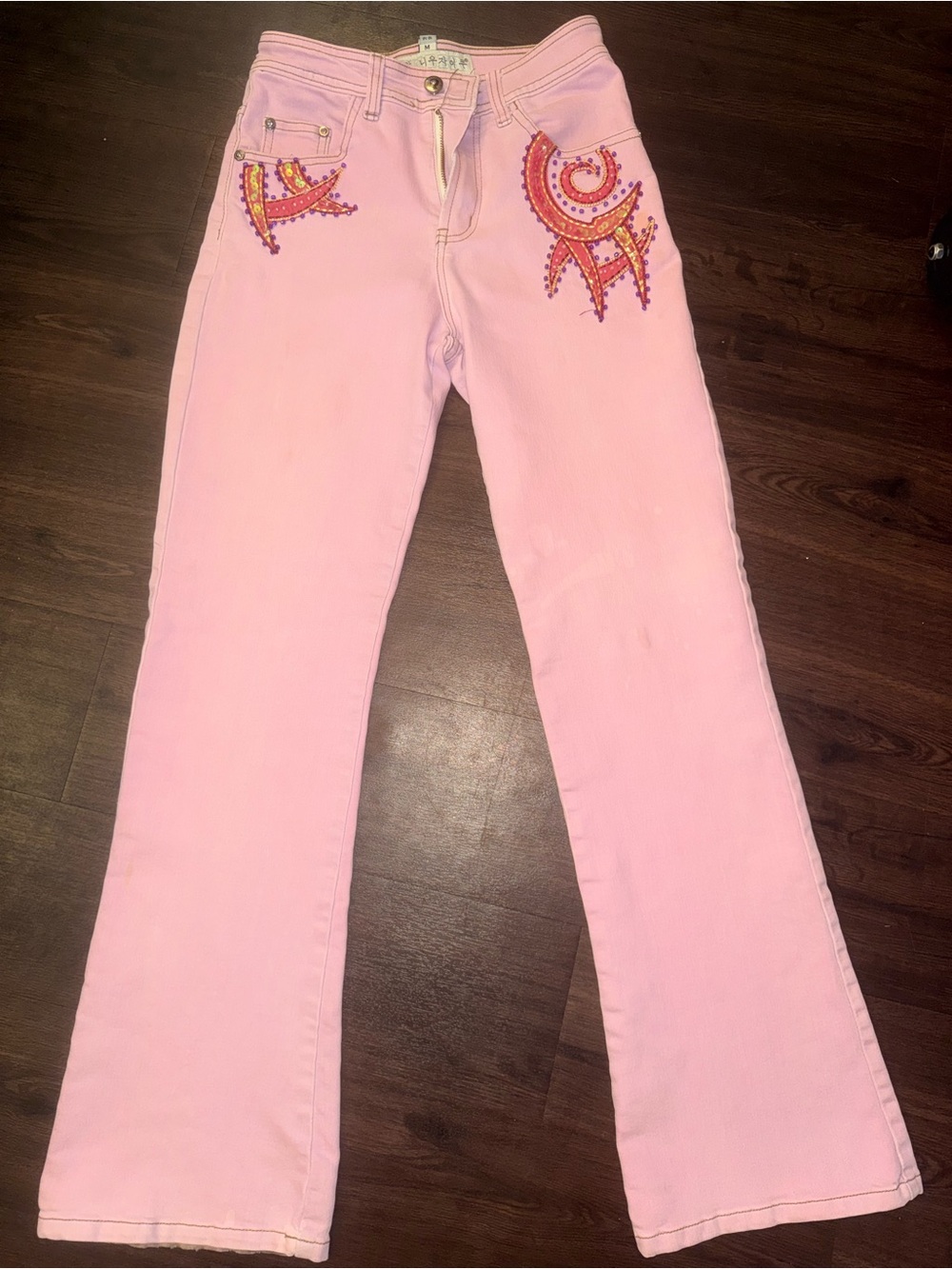 Rare Y2K Korean Boutique Pink Embellished Bootcut Jeans